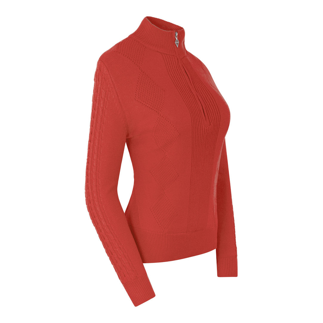 Pure Ladies Cable Knit Lined Quarter Zip Sweater in Orange