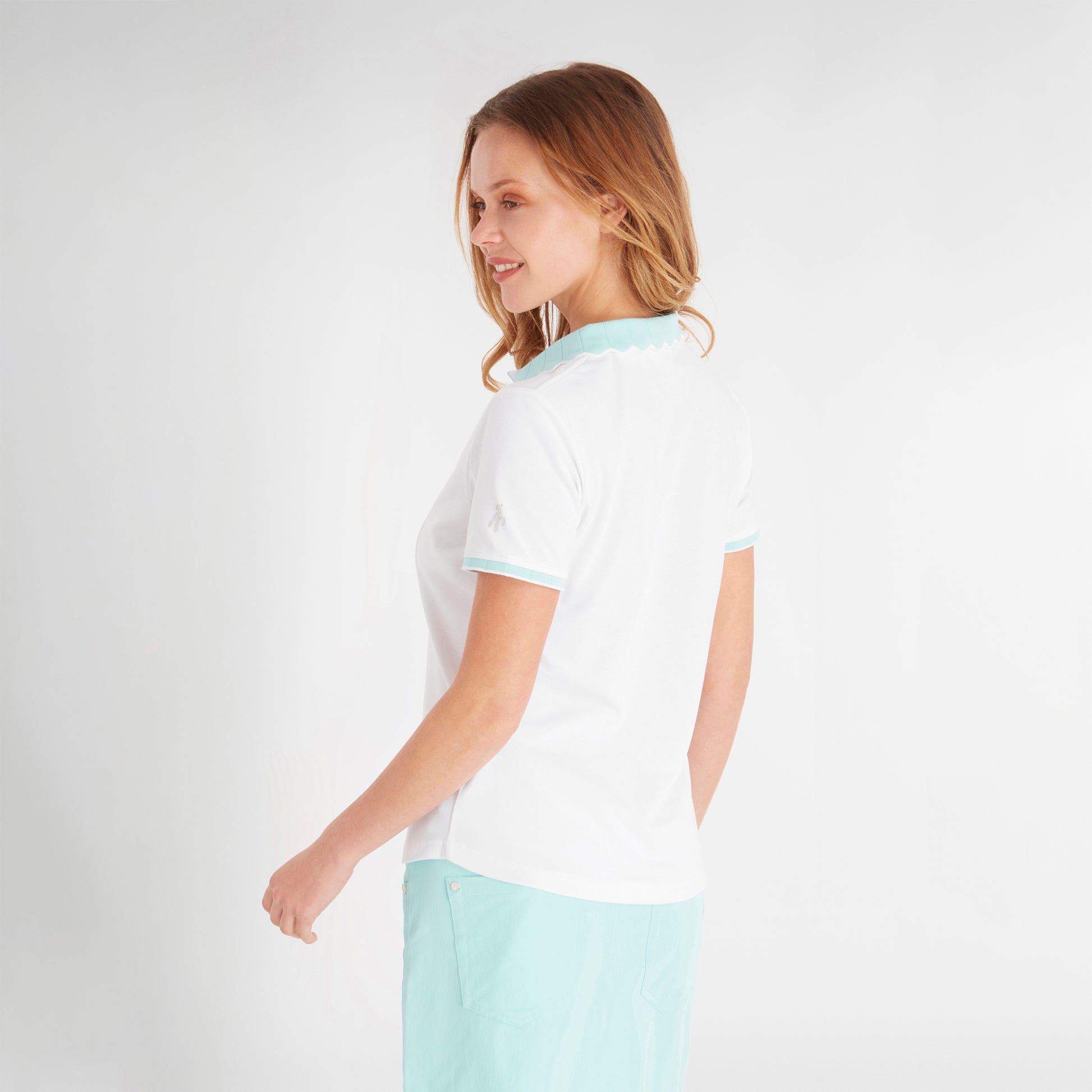 Green Lamb Ladies Short Sleeve Polo with Scalloped Collar in White & Aqua