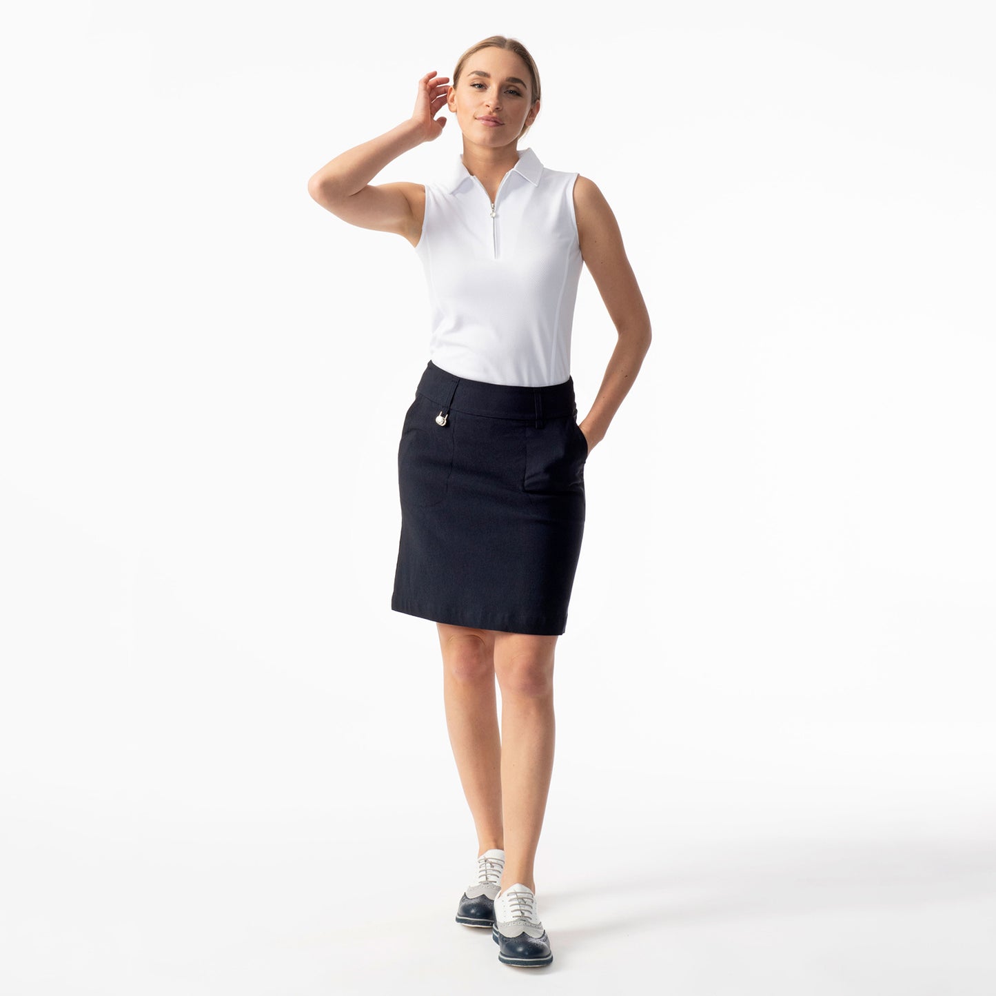 Daily Sports Ladies Longer-Length Pull-On Skort with Super-Stretch Finish in Navy Blue