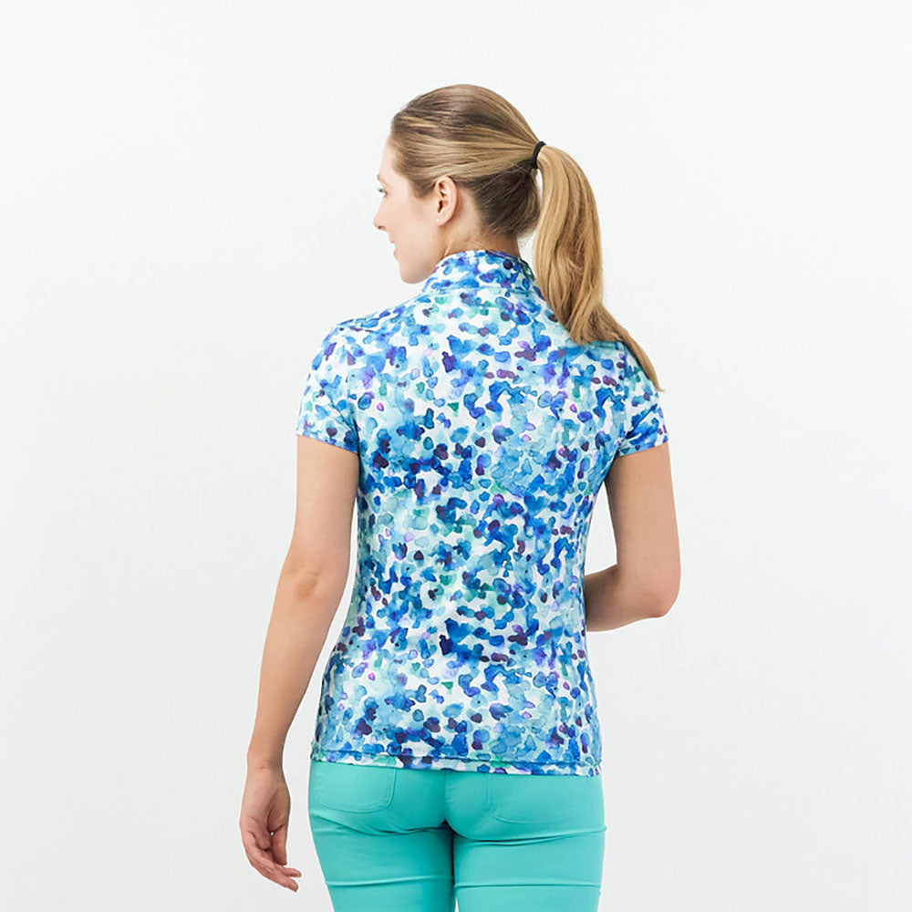 Pure Golf Cap Sleeve Zip Neck Top in Dappled Ocean Print