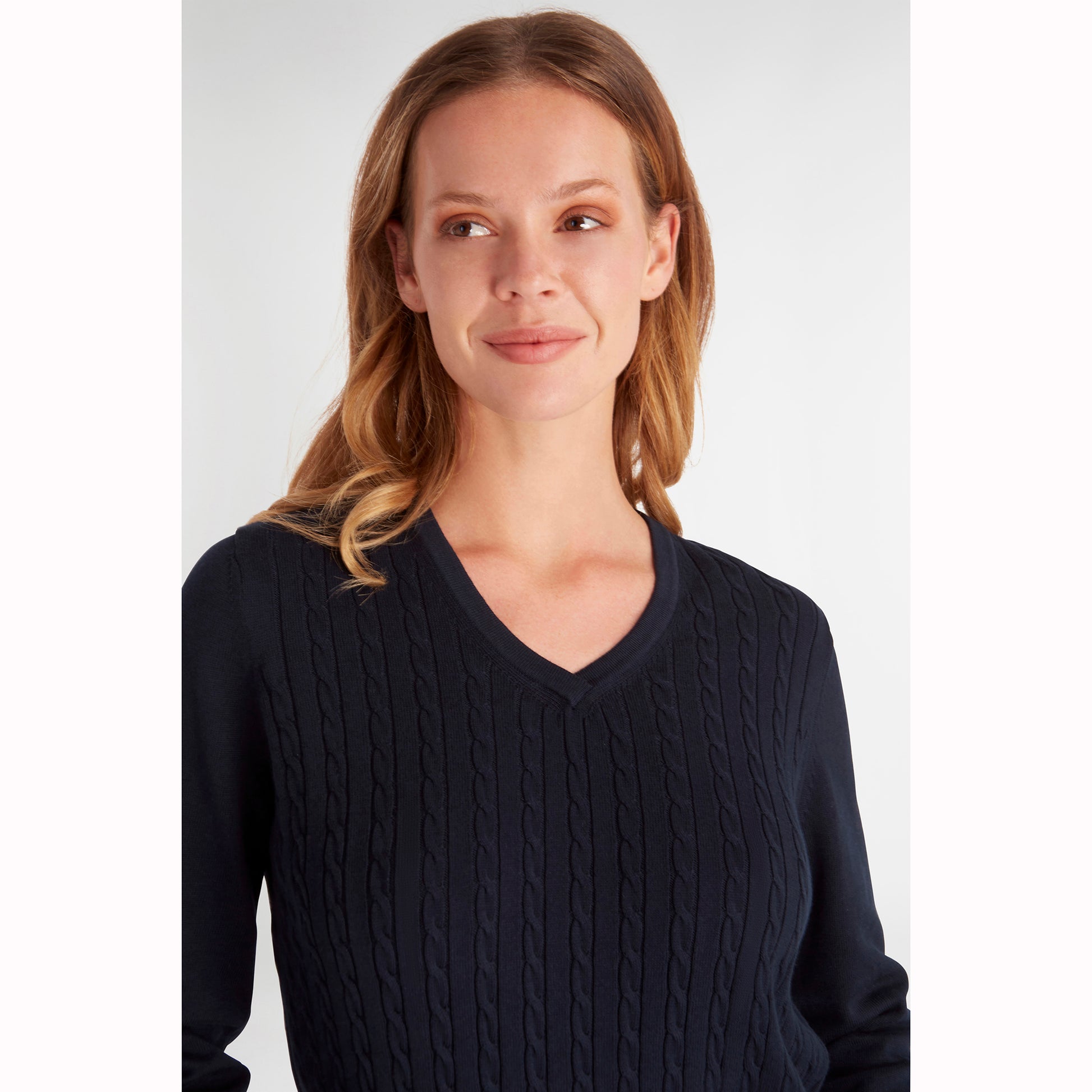 Green Lamb Ladies Navy Cable Knit V-Neck Sweater