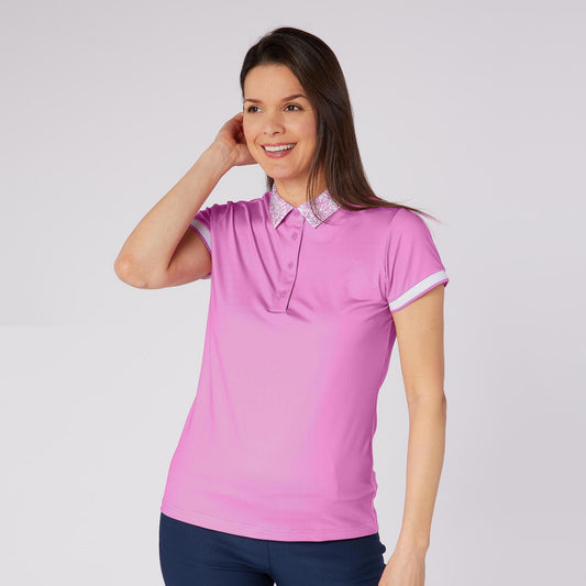 Swing Out Sister Ladies Cap Sleeve Polo with Seasonal Print Collar for A Subtle Pop of Style