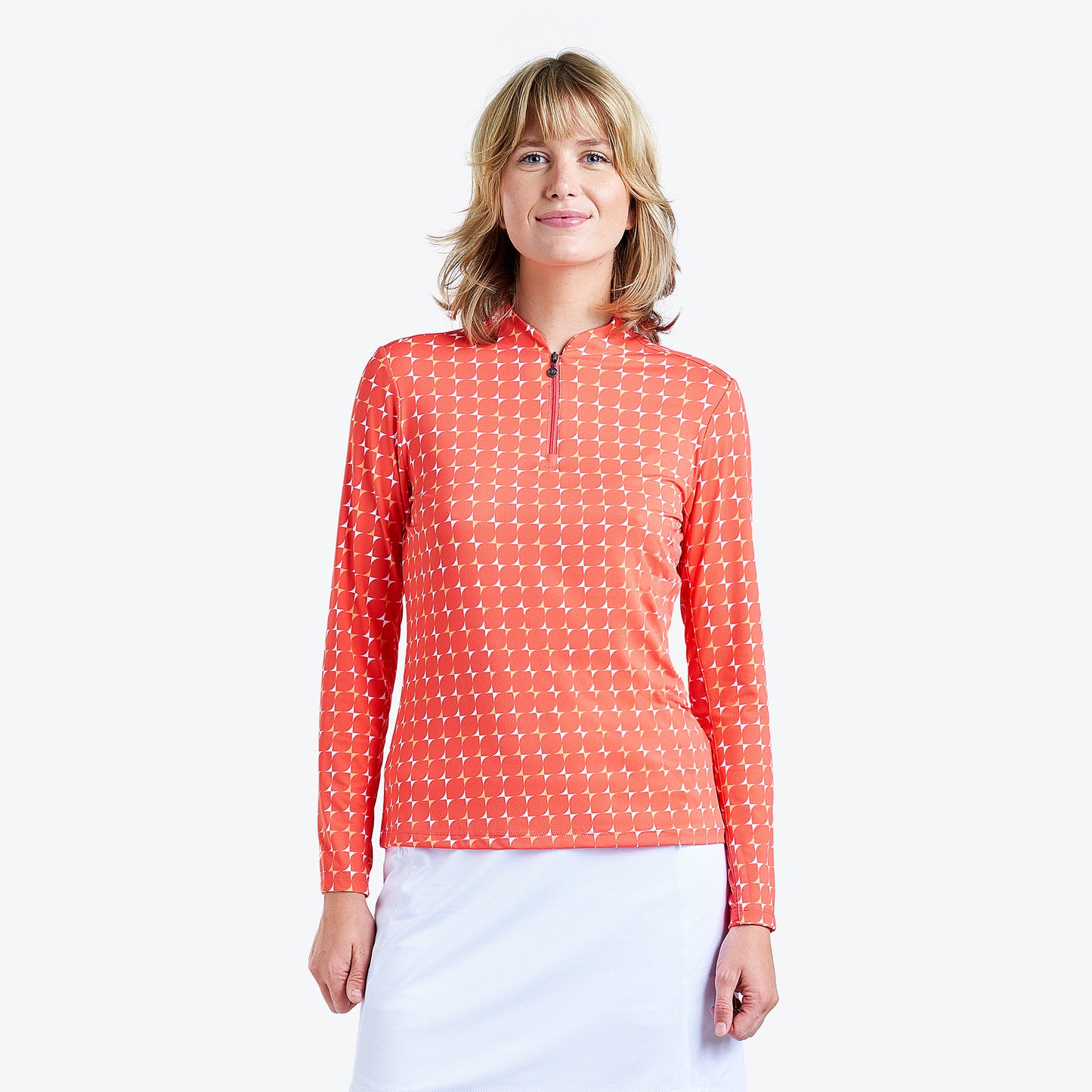 Nivo Ladies Long Sleeve Polo in Geometric Leaf Tile Print