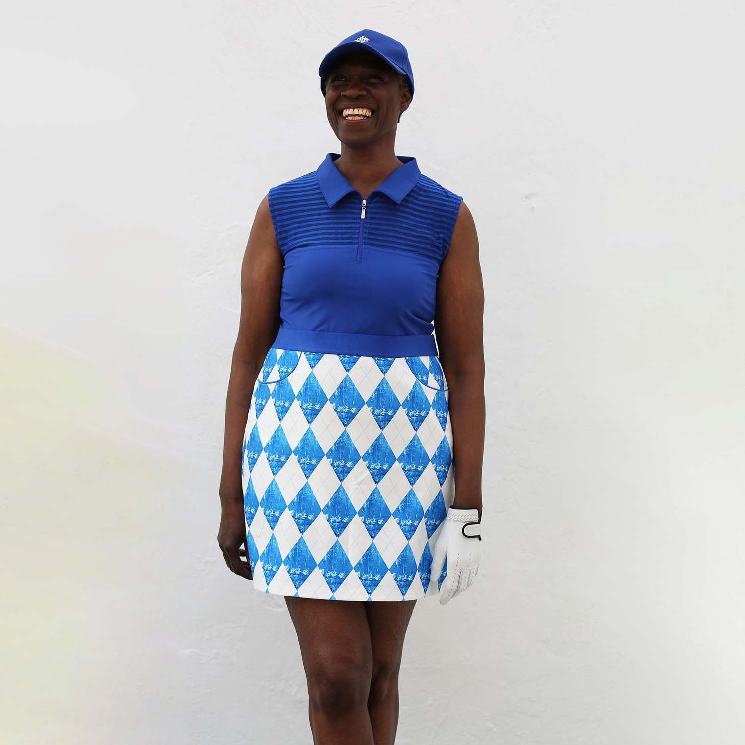 Famara Ladies Pull-On Golf Skirt in Harlequin Blue Lagoon