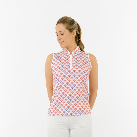 Pure Golf Ladies Sleeveless Polo in Rainbow Geo Print – Dynamic Design Meets Effortless Performance