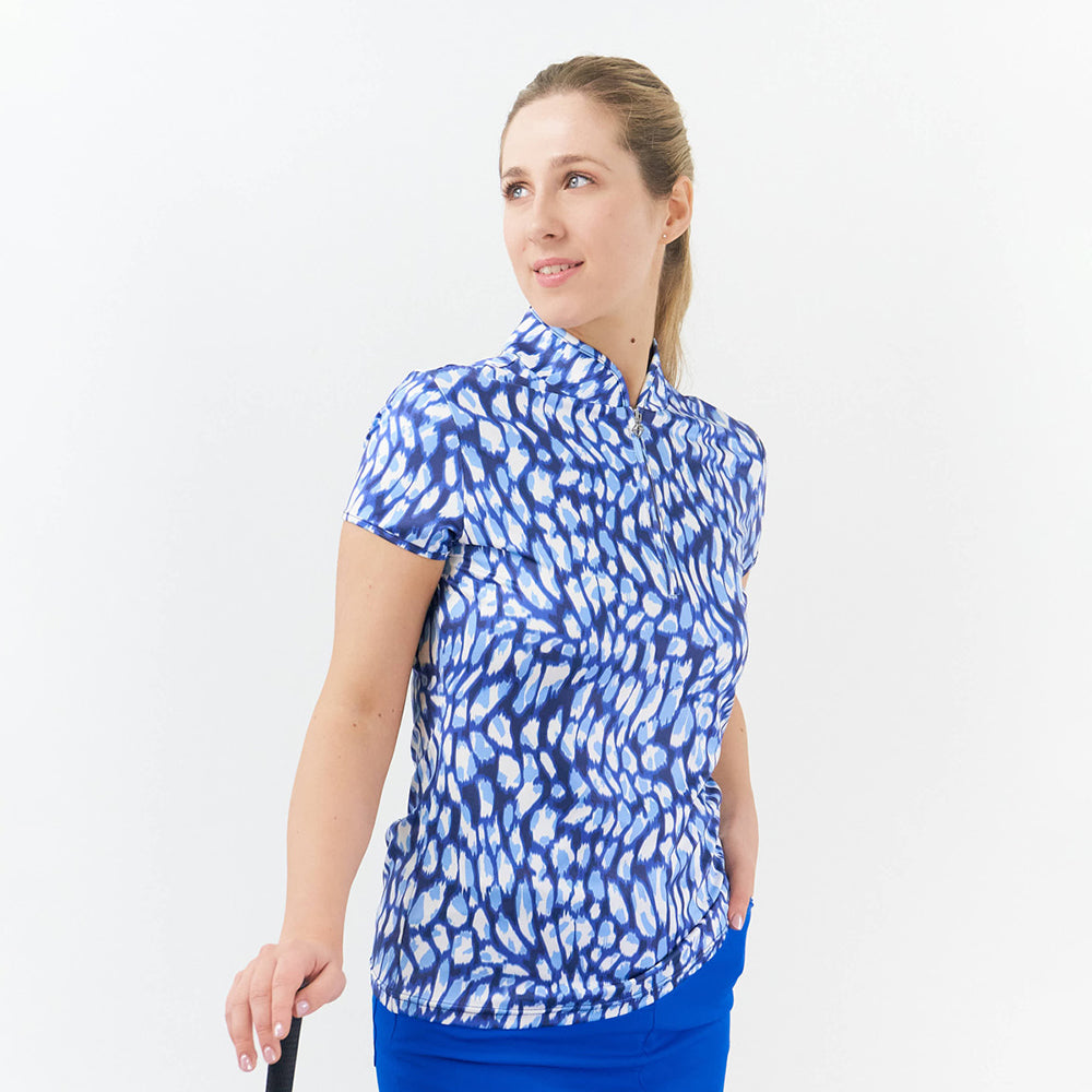 Pure Golf Ladies Cap Sleeve Zip Neck Top in Leopard Lake Print