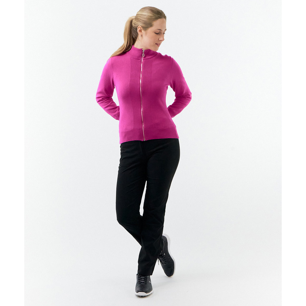 Pure Ladies Full Zip Lined Sweater in Pink Topaz