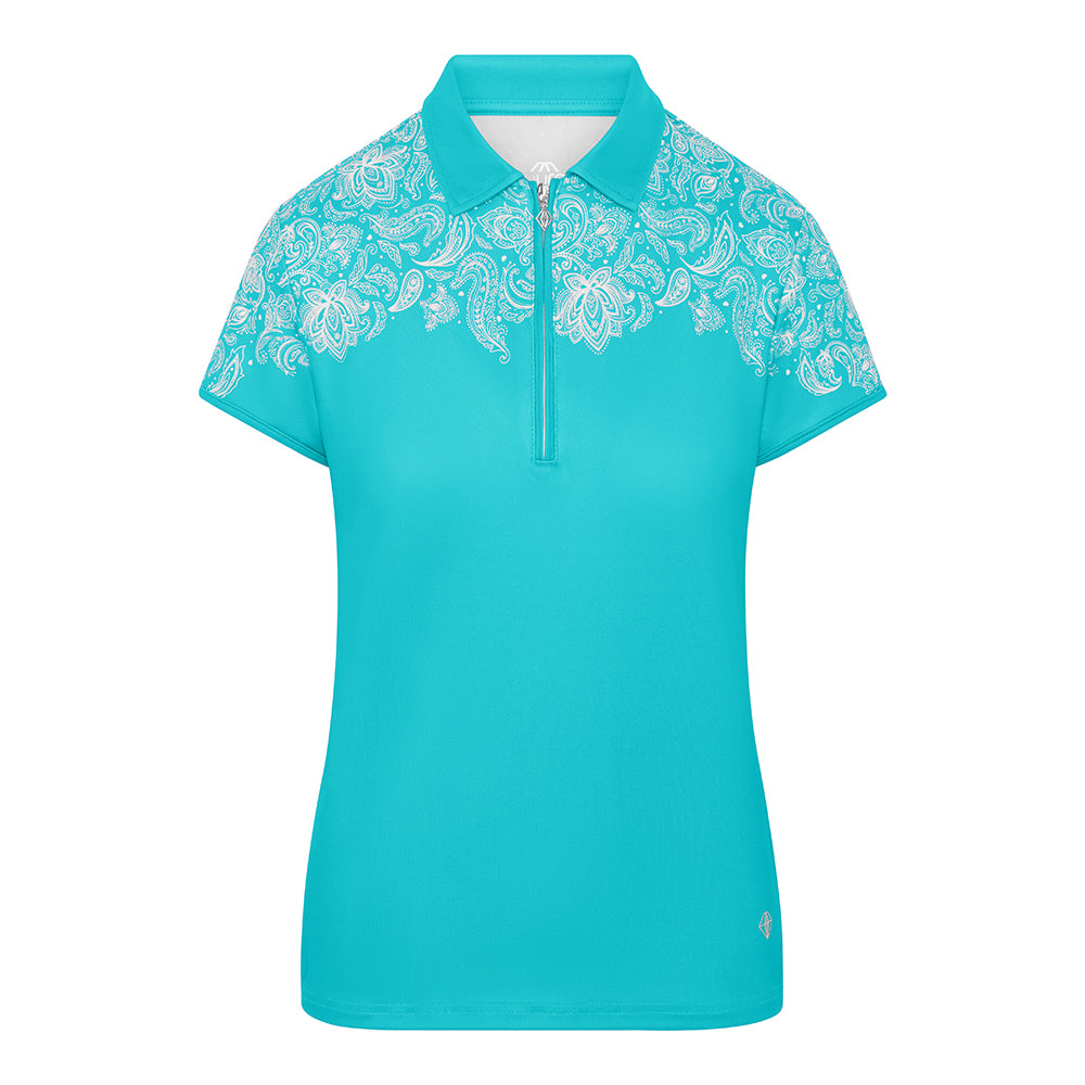 Pure Golf Ladies Cap Sleeve Zip-Neck Polo in Ocean Blue & Paisley Print