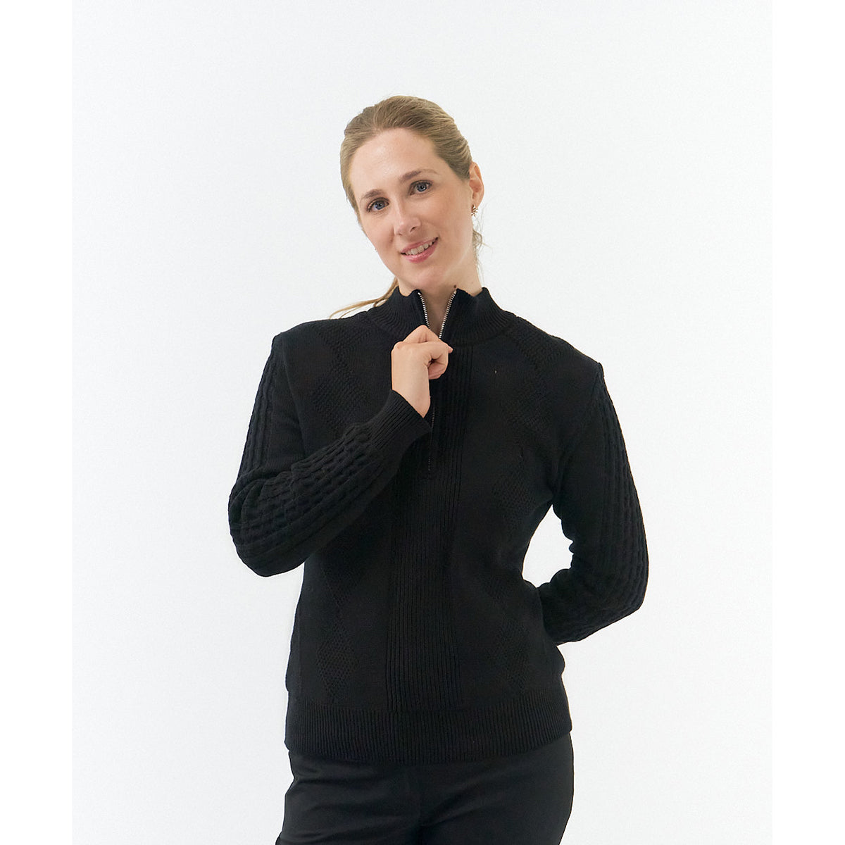 Pure Ladies Lined Zip-Neck Golf Sweater with Cable Knit Design in Black