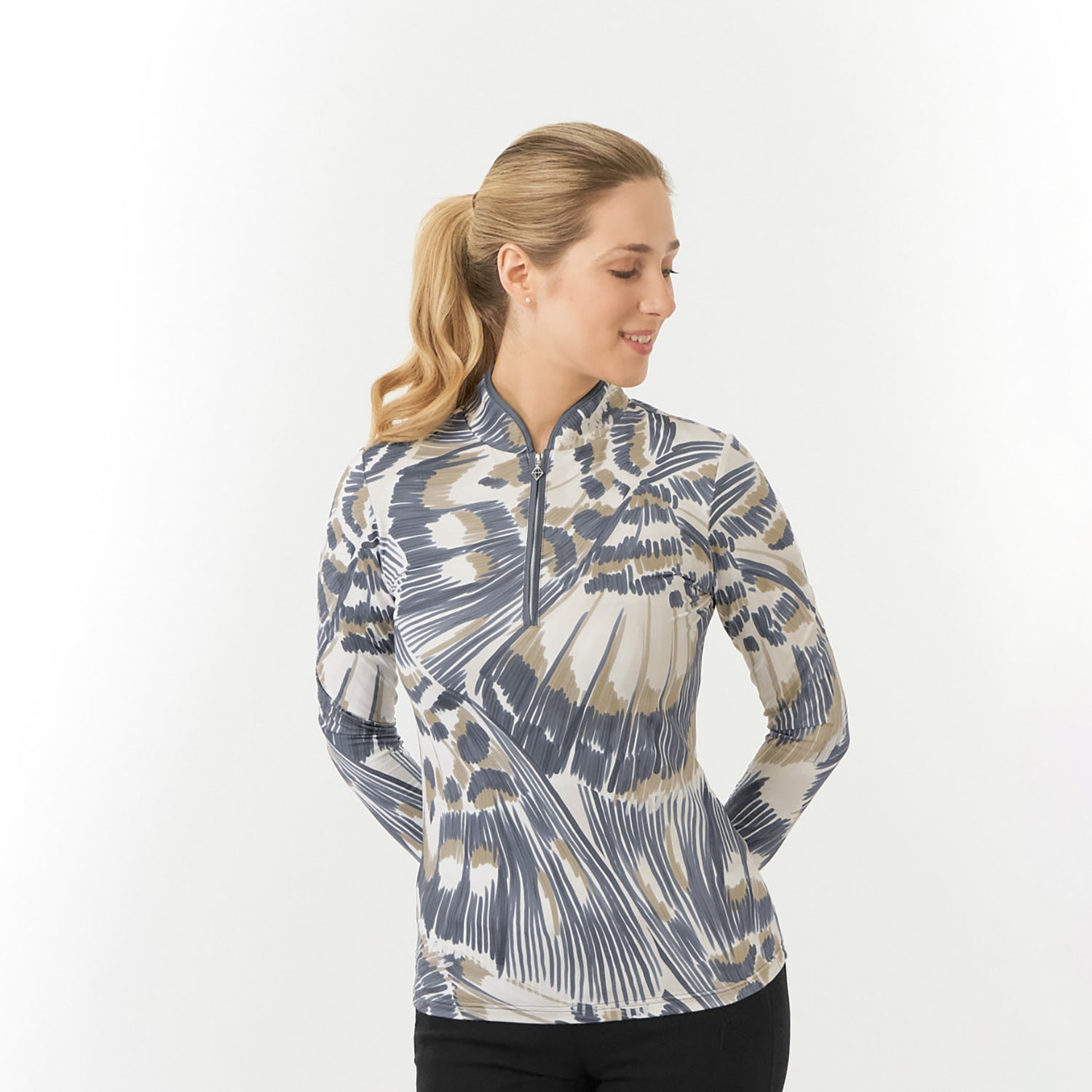 Pure Ladies Long Sleeve Butterfly Print Brushed Back Zip Golf Top 