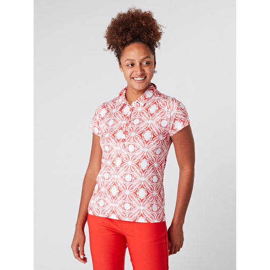 Swing Out Sister Cap Sleeve Polo with Mosaic Print in Code Red