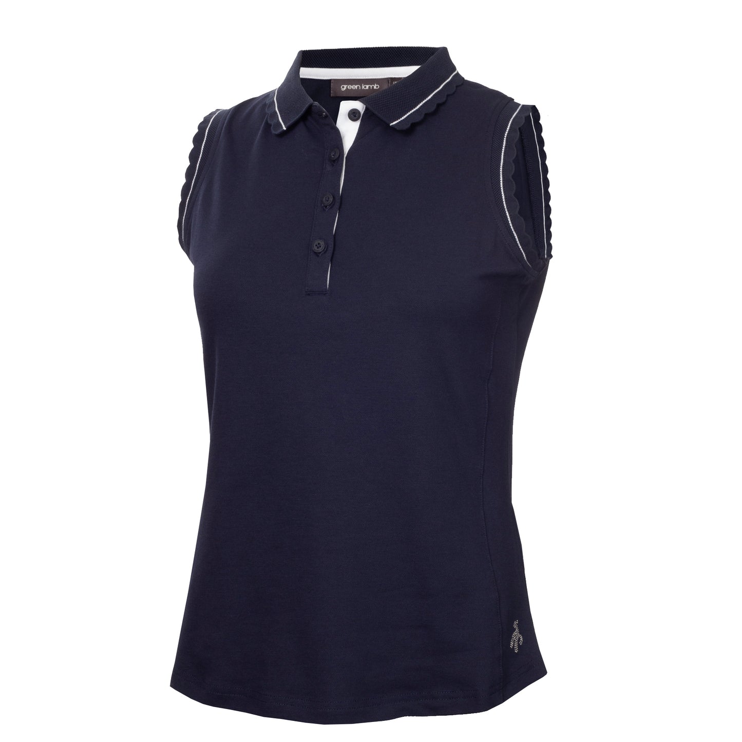 Green Lamb Ladies Sleeveless Polo with Scalloped Trim in Navy