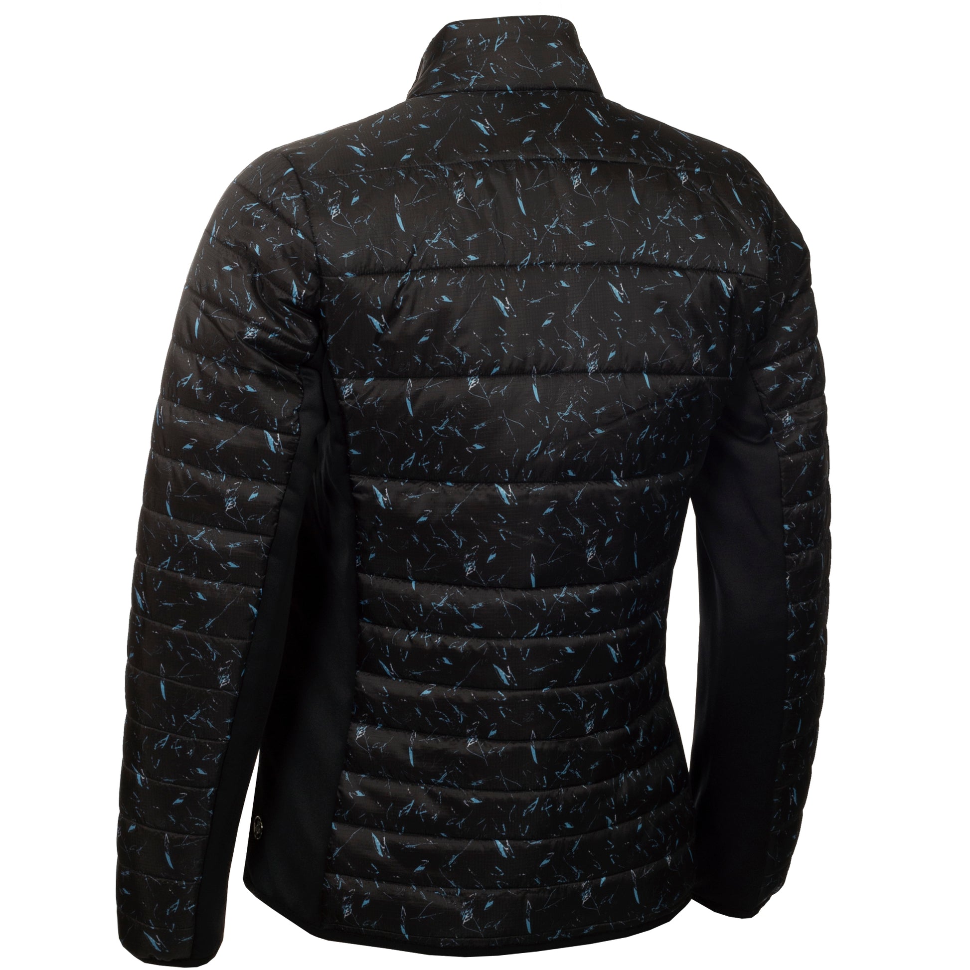 Green Lamb Ladies Quilted Jacket with Stretch Panels in Black Leaf Print