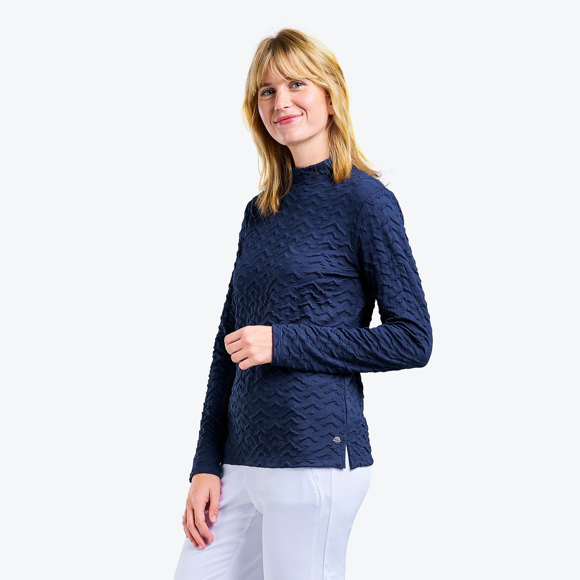 Nivo Ladies Long Sleeve Top with Textured Zig-Zag Print in Navy