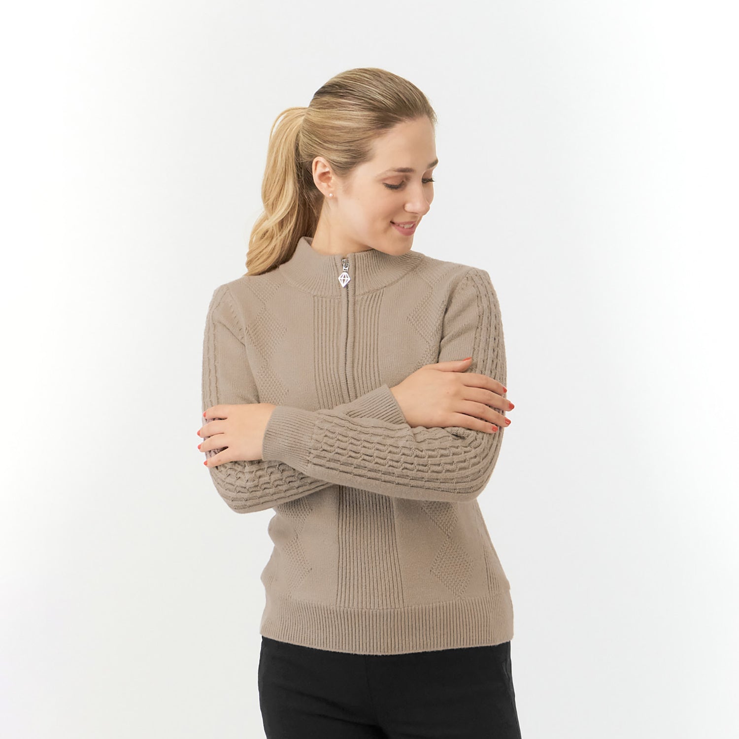 Pure Womens Lined Zip-Neck Golf Sweater with Cable Knit Design