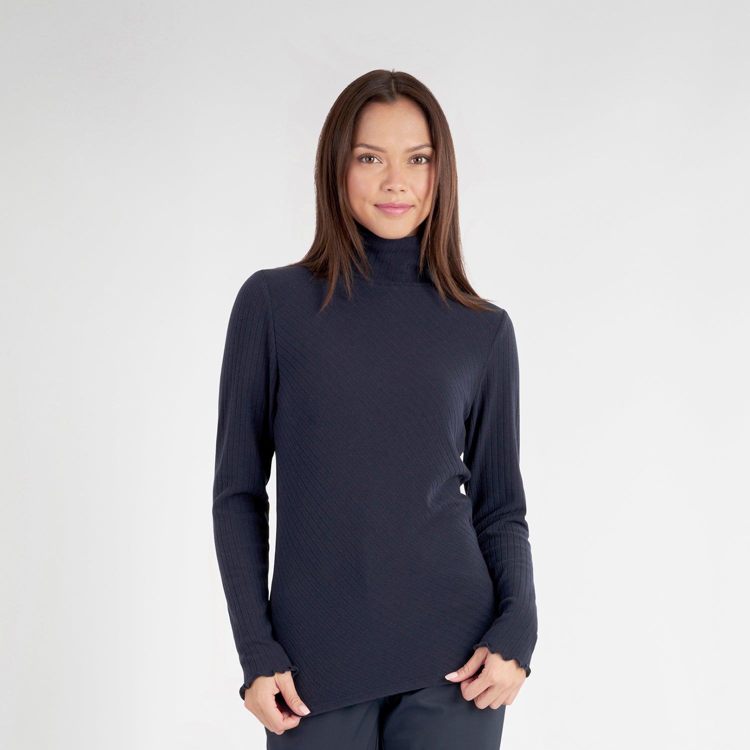 Green Lamb Ladies Soft-Stretch Roll Neck with Diagonal Rib Detail in Navy