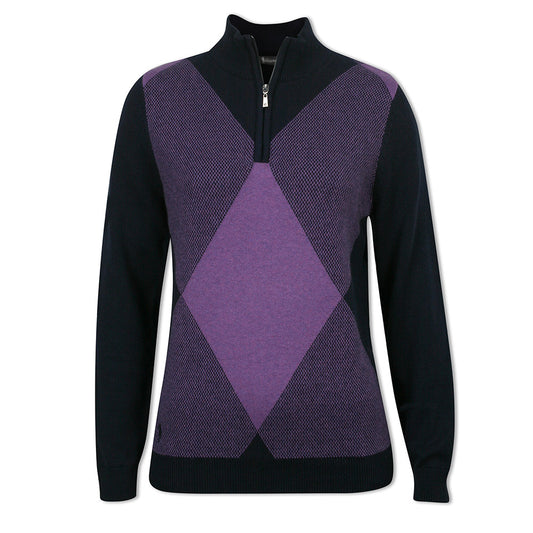Diamond Argyle Zip-Neck Sweater with Cashmere in Navy & Amethyst Marl