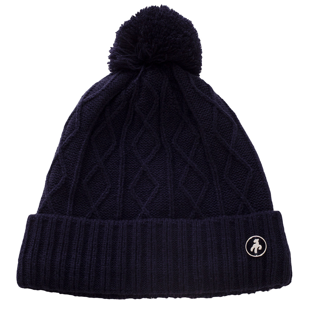 Green Lamb Ladies Fleece Lined Cable Knit Bobble Hat in Navy