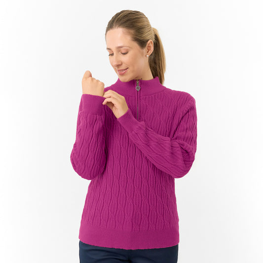 Pure Golf Ladies Quarter Zip Cable Knit Lined Sweater