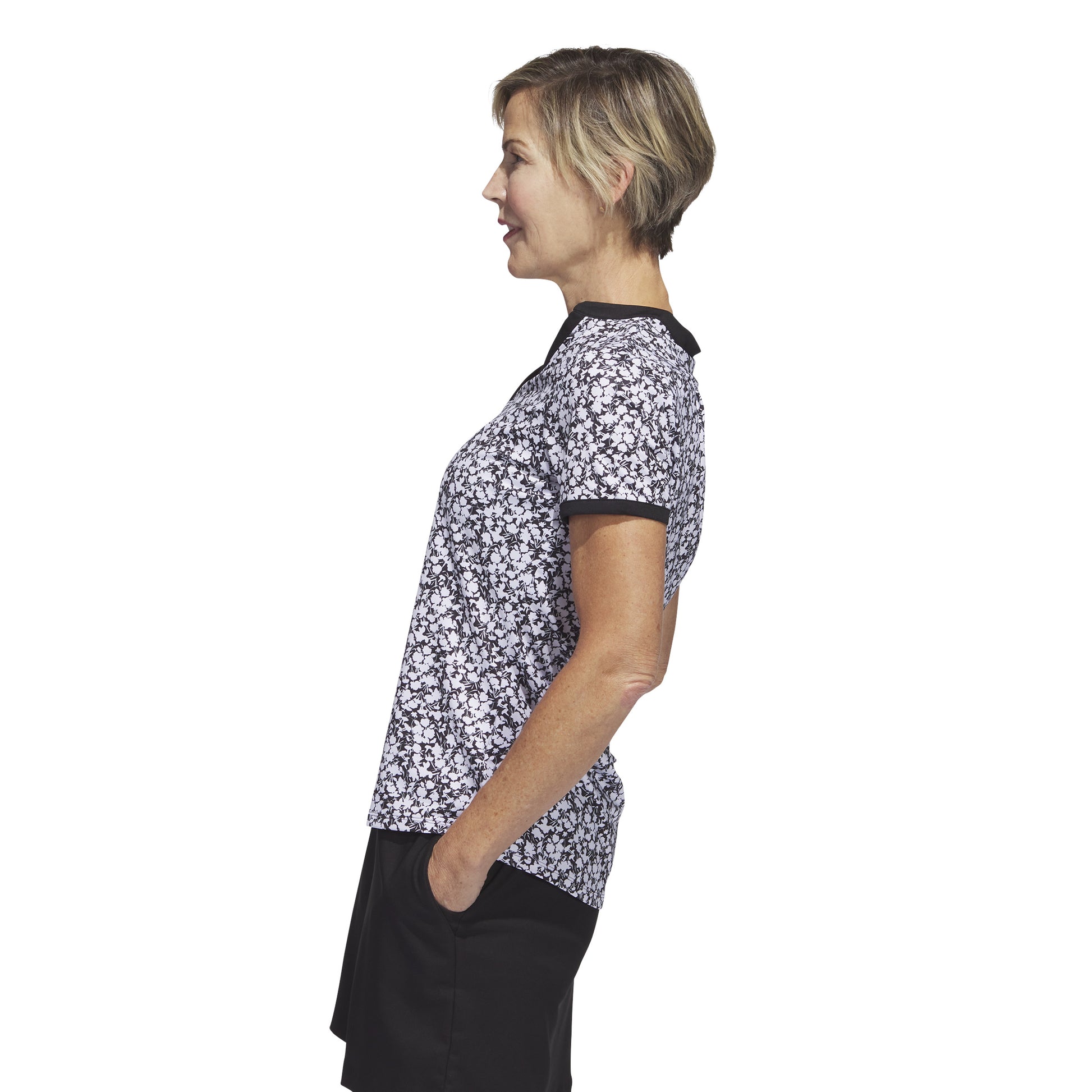 adidas Ladies Short Sleeve Golf Polo with Black & White Floral Print