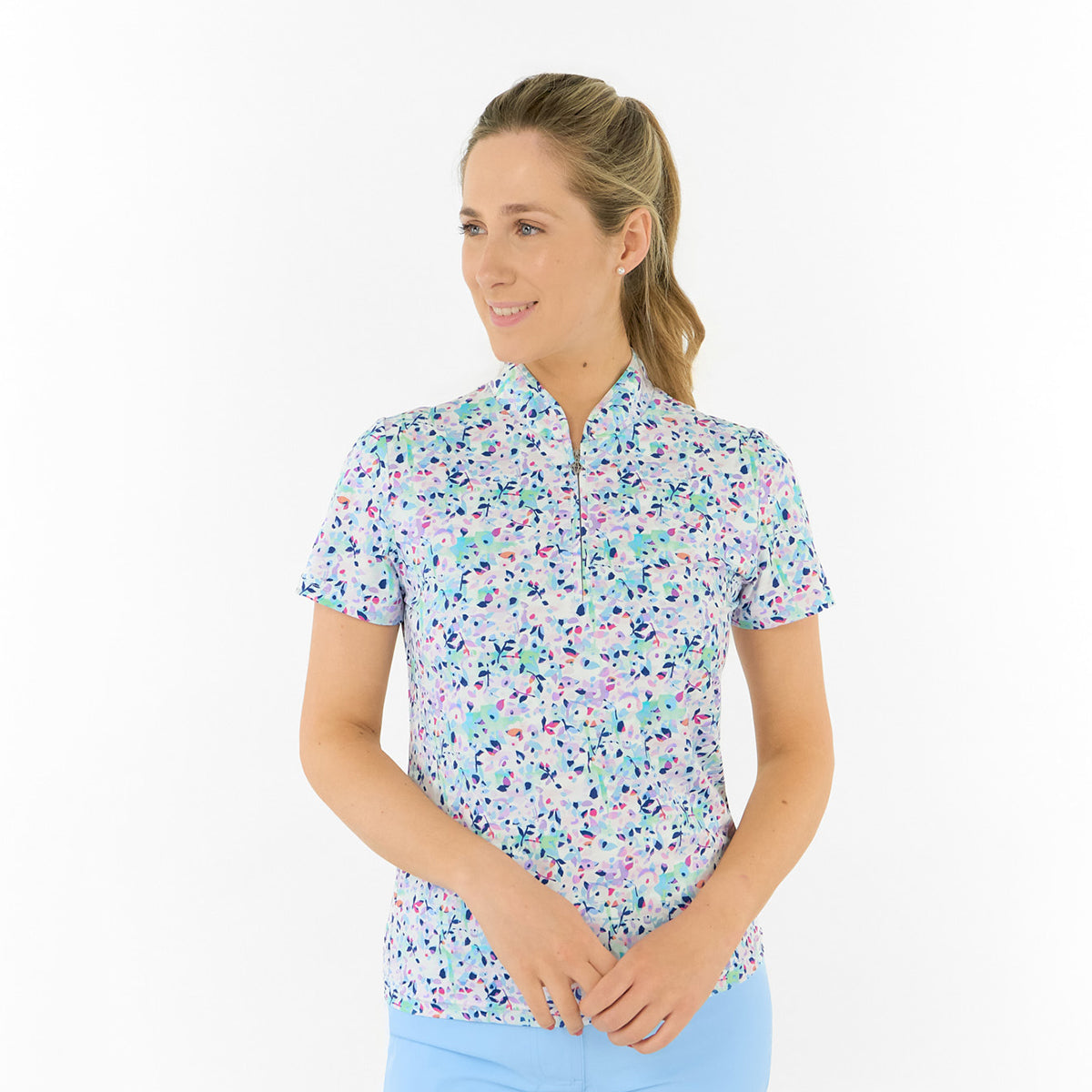 Pure Ladies Short Sleeve Polo in Multi-Coloured Print for Colourful Performance & Effortless Chic