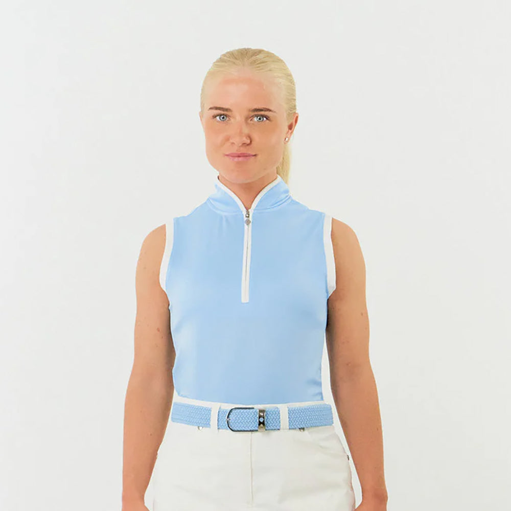 Pure Golf Ladies Sleeveless Mandarin Polo Shirt in Pale Blue