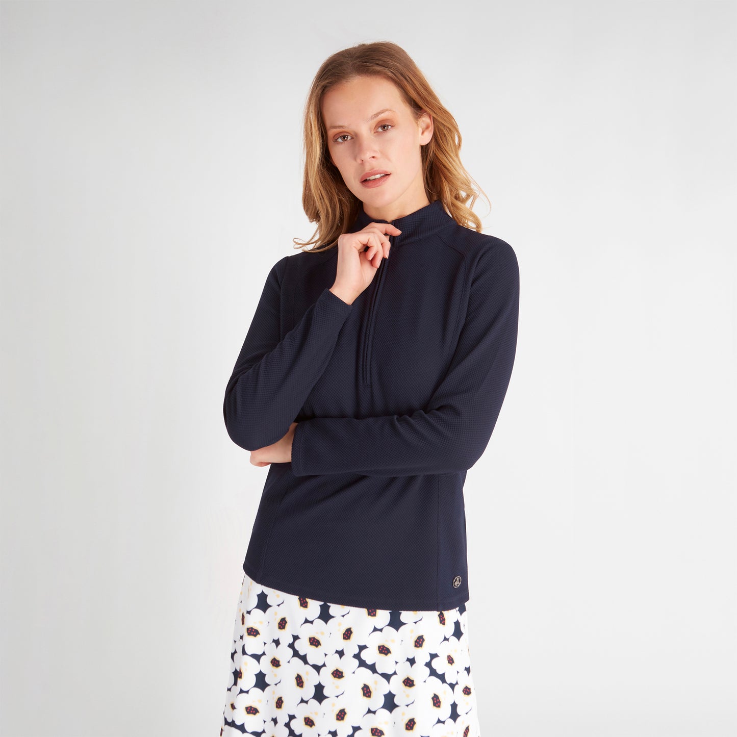 Green Lamb Women's Long Sleeve Zip-Neck Top with Waffle Design in Navy