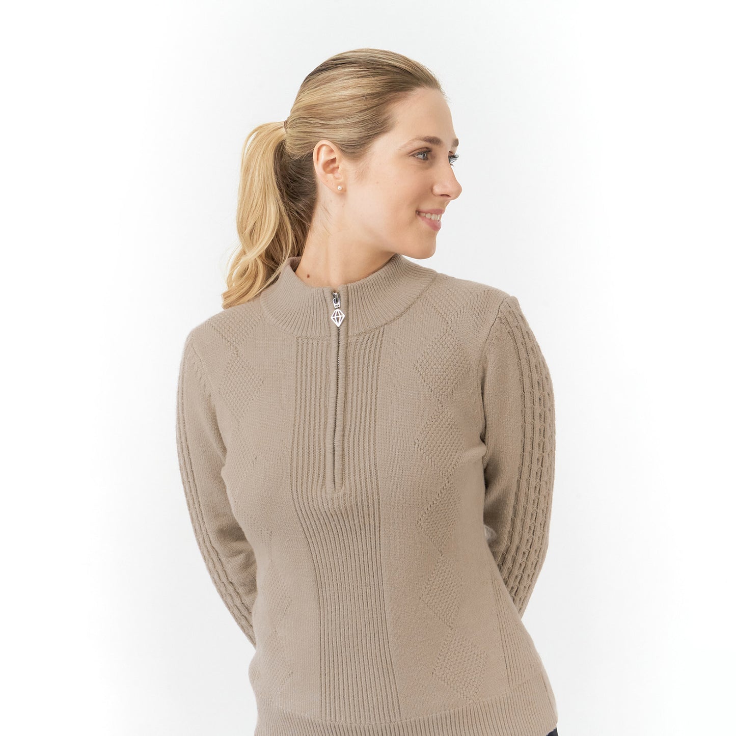 Pure Womens Lined Zip-Neck Golf Sweater with Cable Knit Design