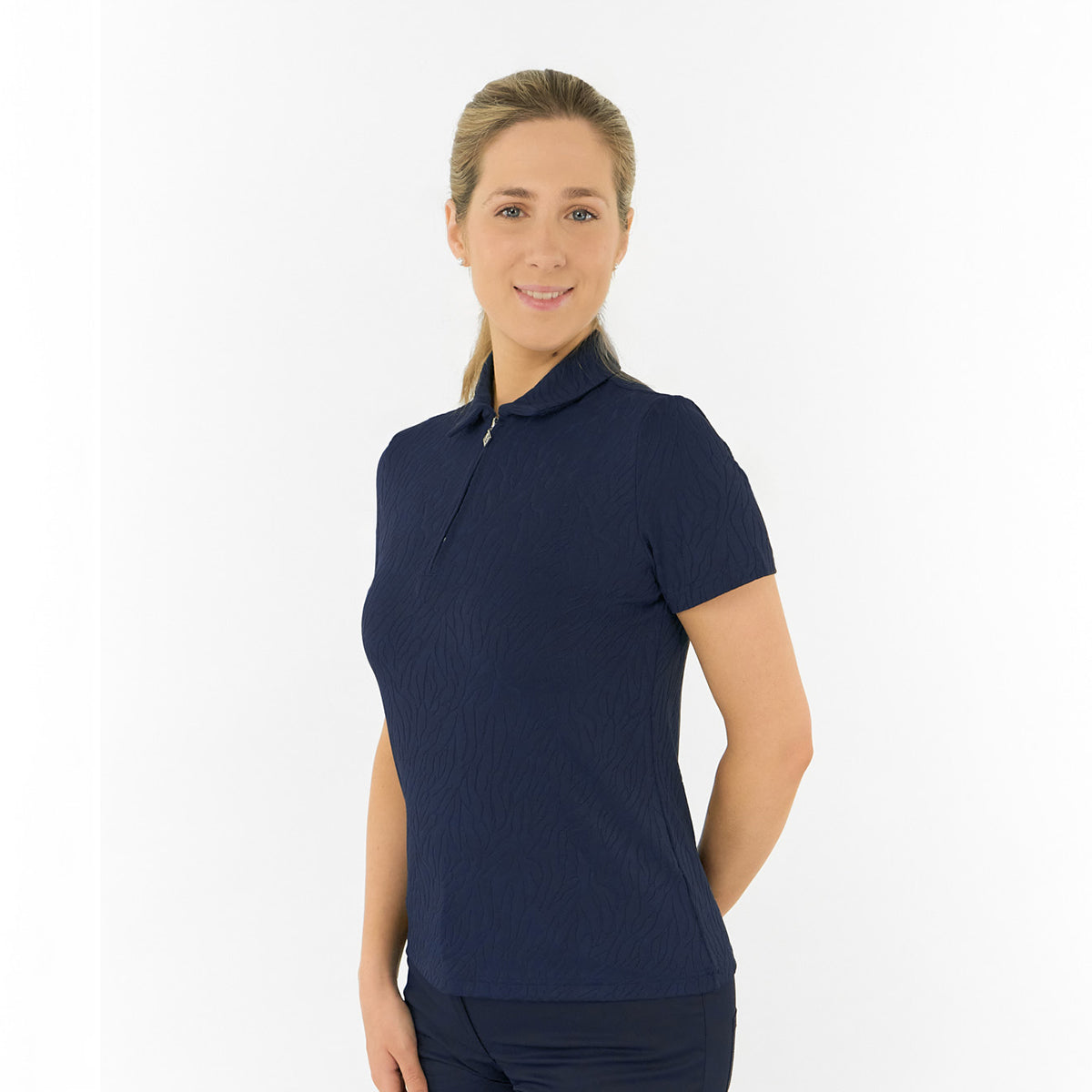 Pure Golf Ladies Short Sleeve Polo in Navy Jacquard Texture for Refined, Effortless Style