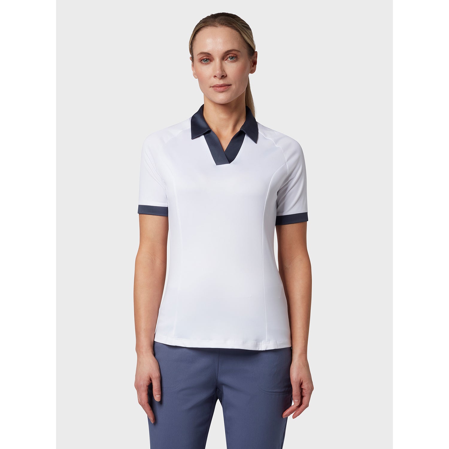 Callaway Ladies Short Sleeve Colour Block Polo Shirt in White & Navy