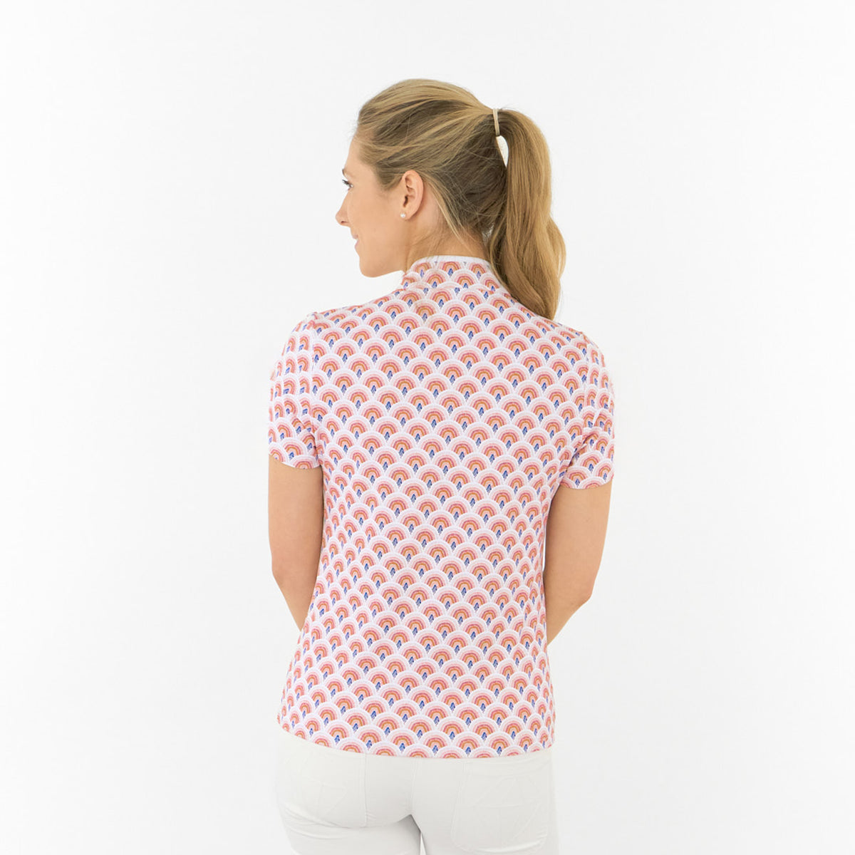 Pure Ladies Short Sleeve Polo in Rainbow Geo Print for Confident, Colourful Golfing