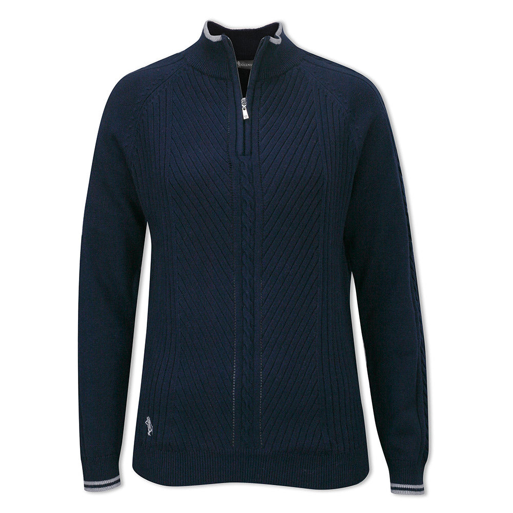 Glenmuir Ladies Rib & Cable Design Zip-Neck Sweater with Cashmere in Navy Blue