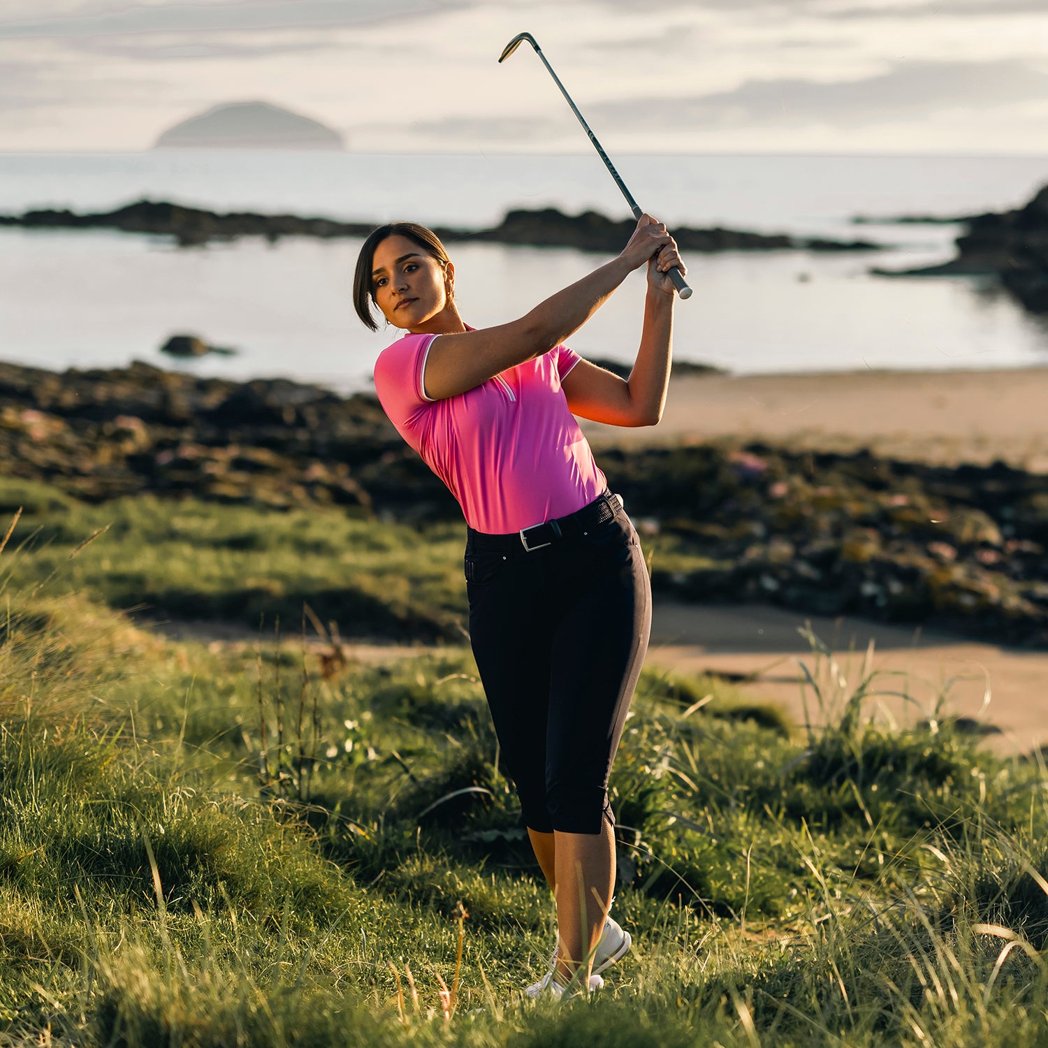 Glenmuir Ladies Short Sleeve Zip-Neck Polo in Hot Pink/White