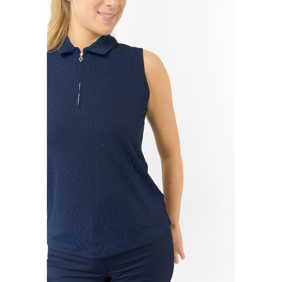 Pure Golf Ladies Textured Sleeveless Polo in Navy – Subtle Sophistication Meets Effortless Play