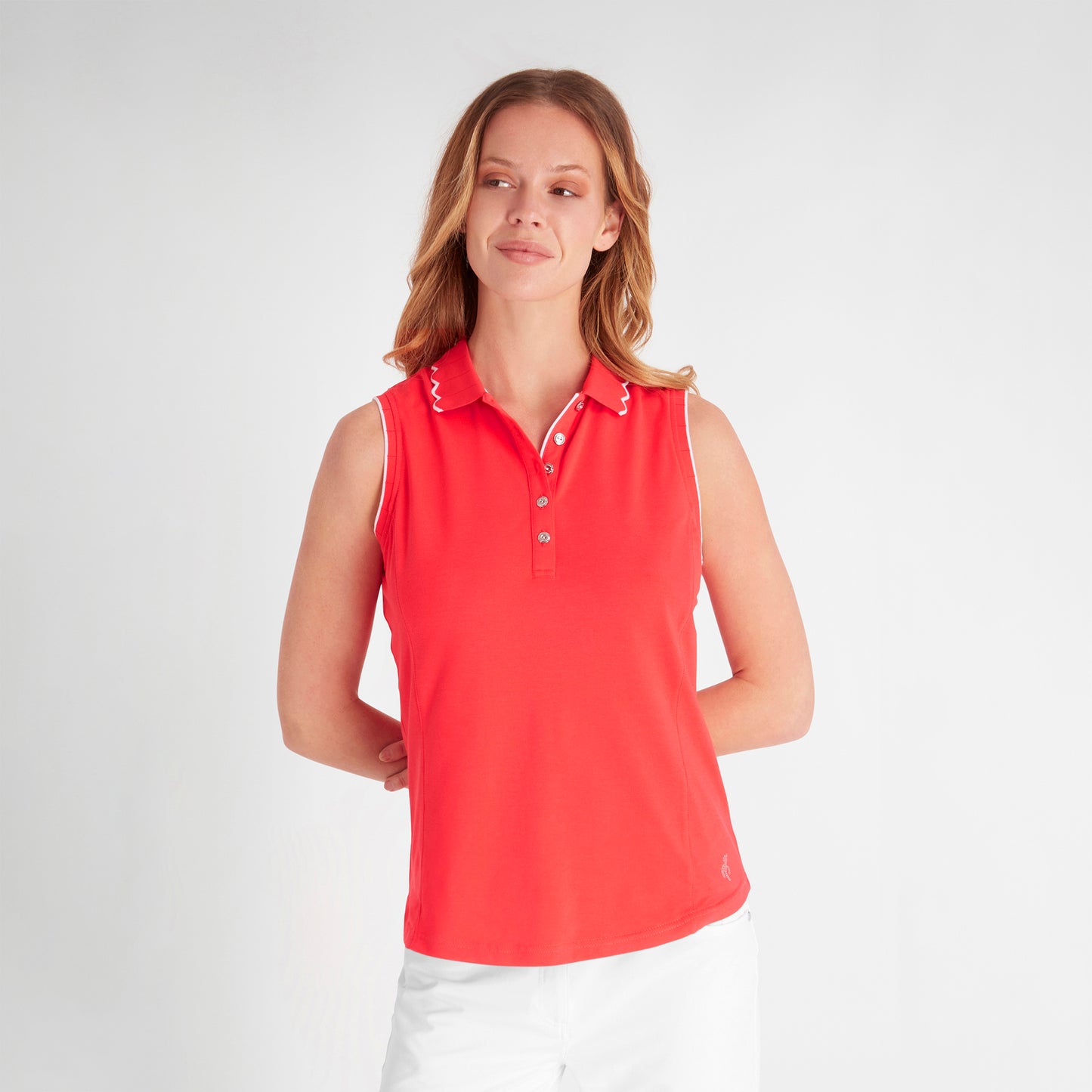 Green Lamb Ladies Sleeveless Polo with Scalloped Collar in Poppy