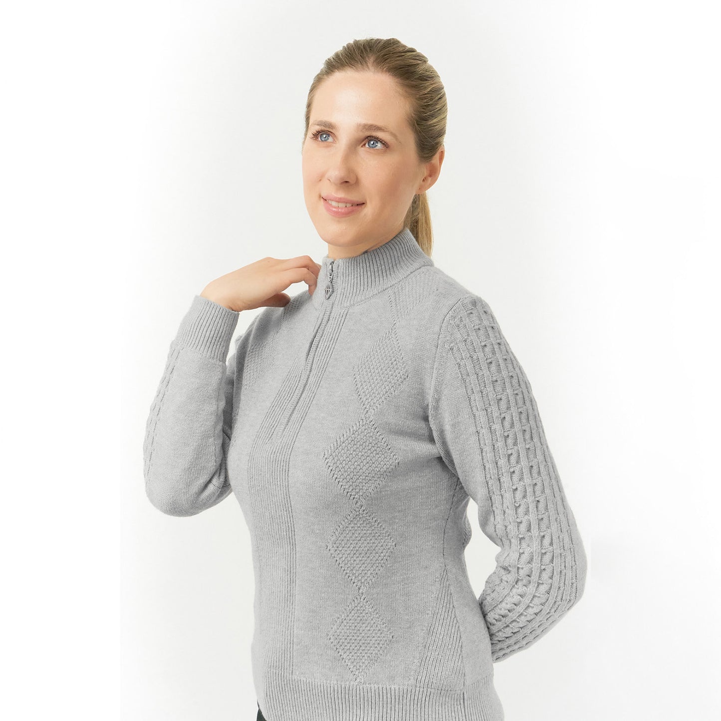 Pure Ladies Lined Zip-Neck Golf Sweater with Cable Knit Design