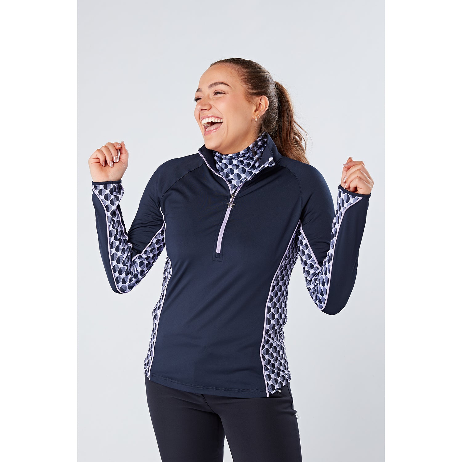 Swing Out Sister Ladies 1/4 Zip Top with Circular Pattern in Navy/Lavender