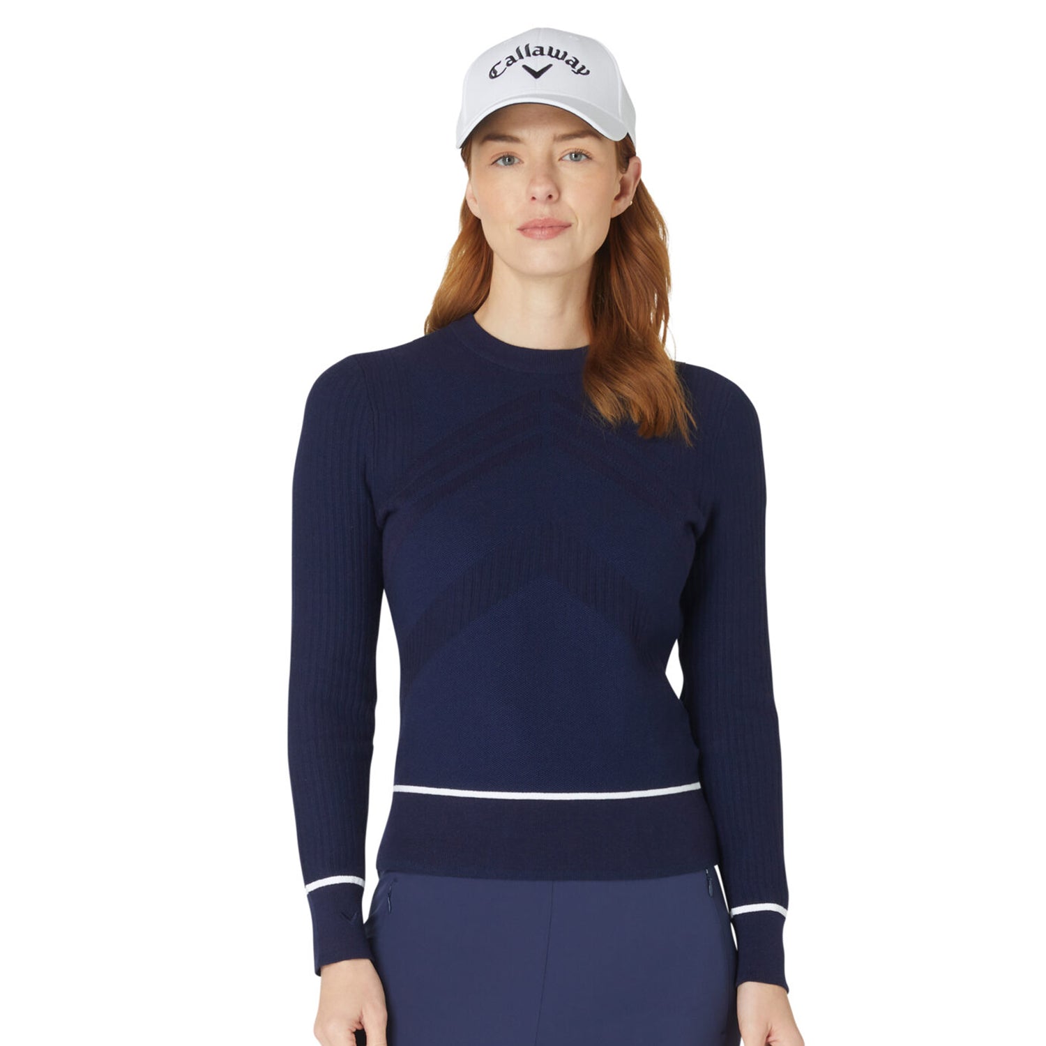 Callaway Ladies Cotton blend Chevron Sweater in Navy with Contrast Tipping