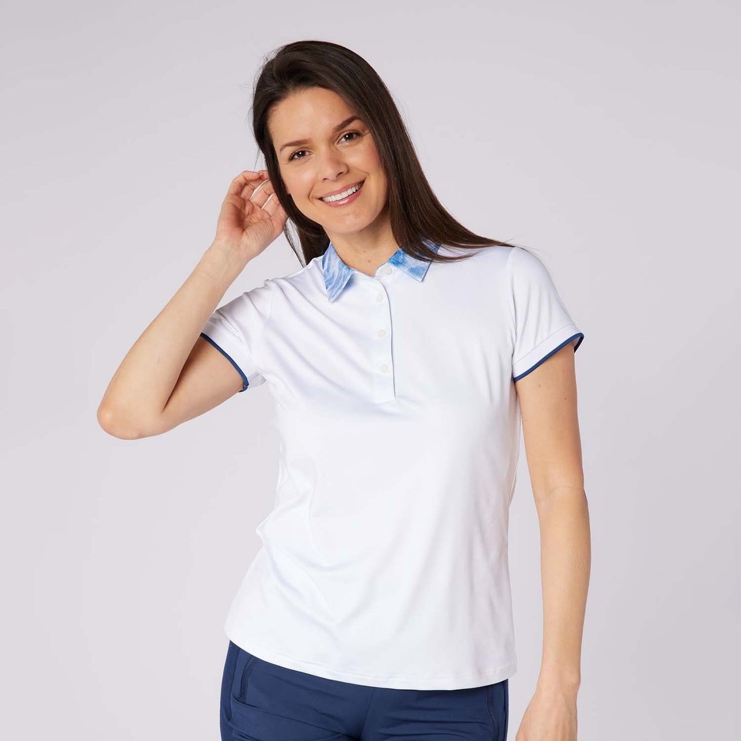 Swing Out Sister Ladies Cap Sleeve Polo with Seasonal Print Collar for A Subtle Pop of Style