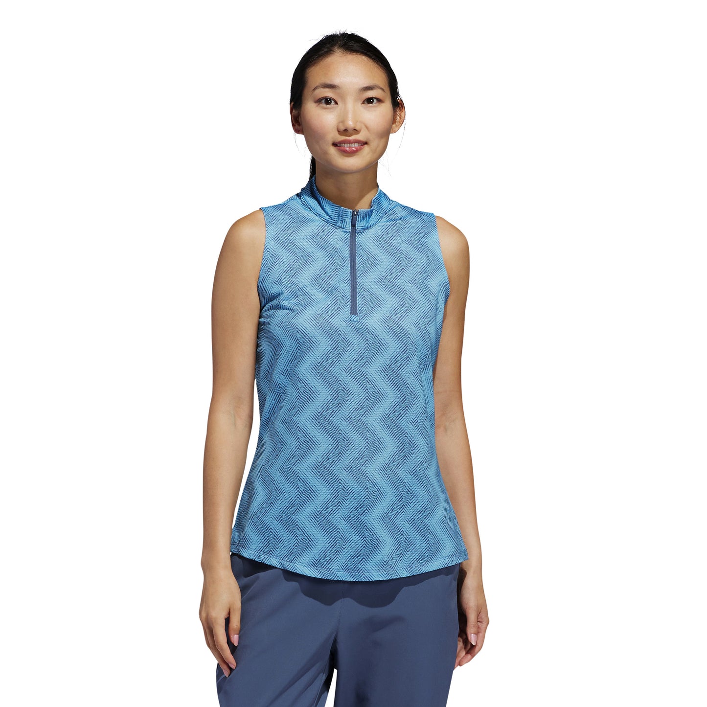 adidas Ladies Sleeveless Golf Polo with Abstract Zig-Zag Print in Semi Blue Burst