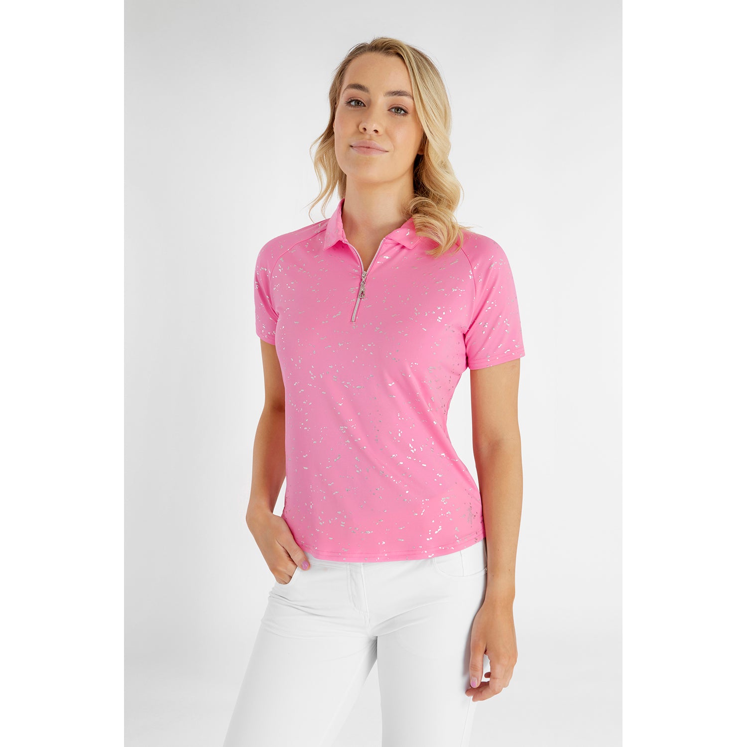 Green Lamb Ladies Zip-Neck Short Sleeve Polo Shirt with Silver Foil Print in Candy