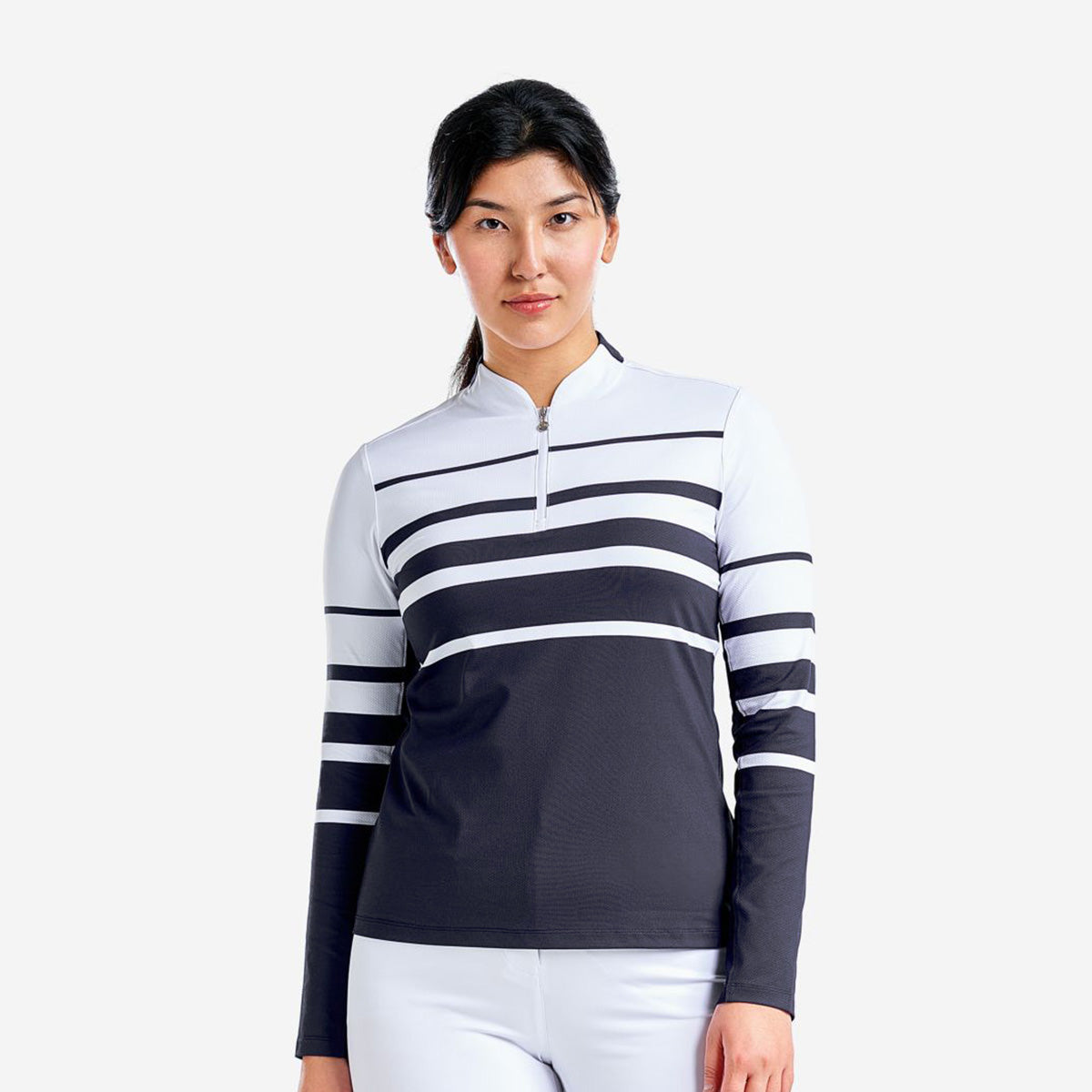 Nivo Ladies Long Sleeve Golf Polo in White & Navy