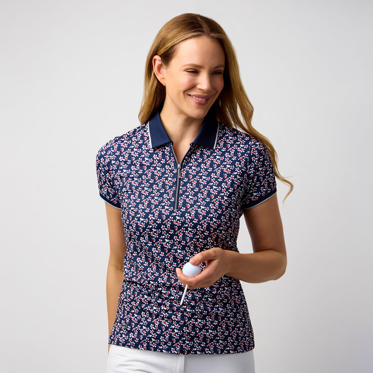 Glenmuir Ladies Navy Short Sleeve Polo with Delicate Floral Print