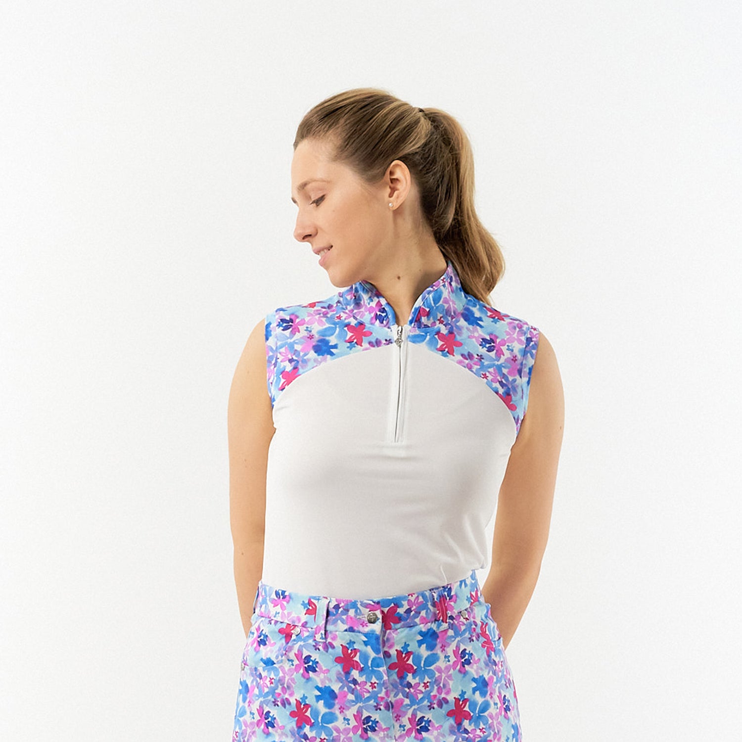 Pure Ladies Floral Print Sleeveless Golf Polo Shirt