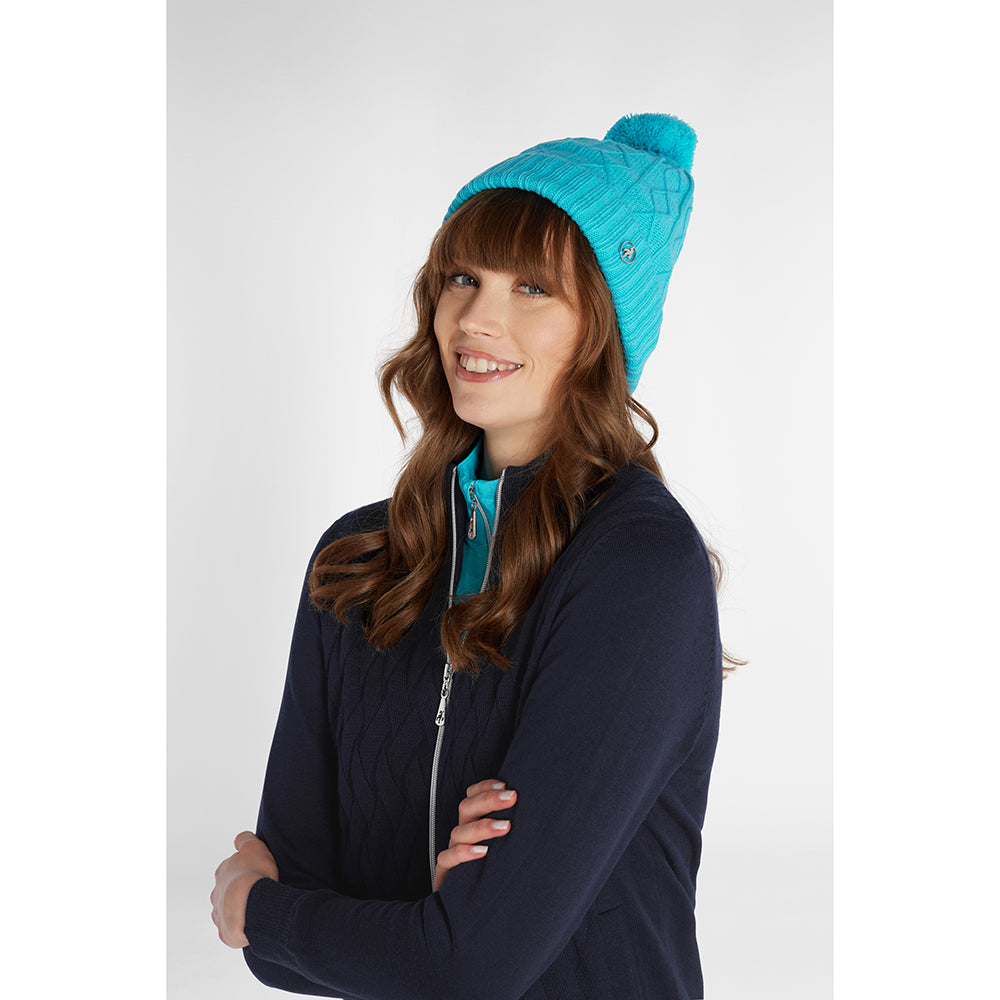 Green Lamb Ladies Fleece Lined Cable Knit Bobble Hat in Scuba Blue