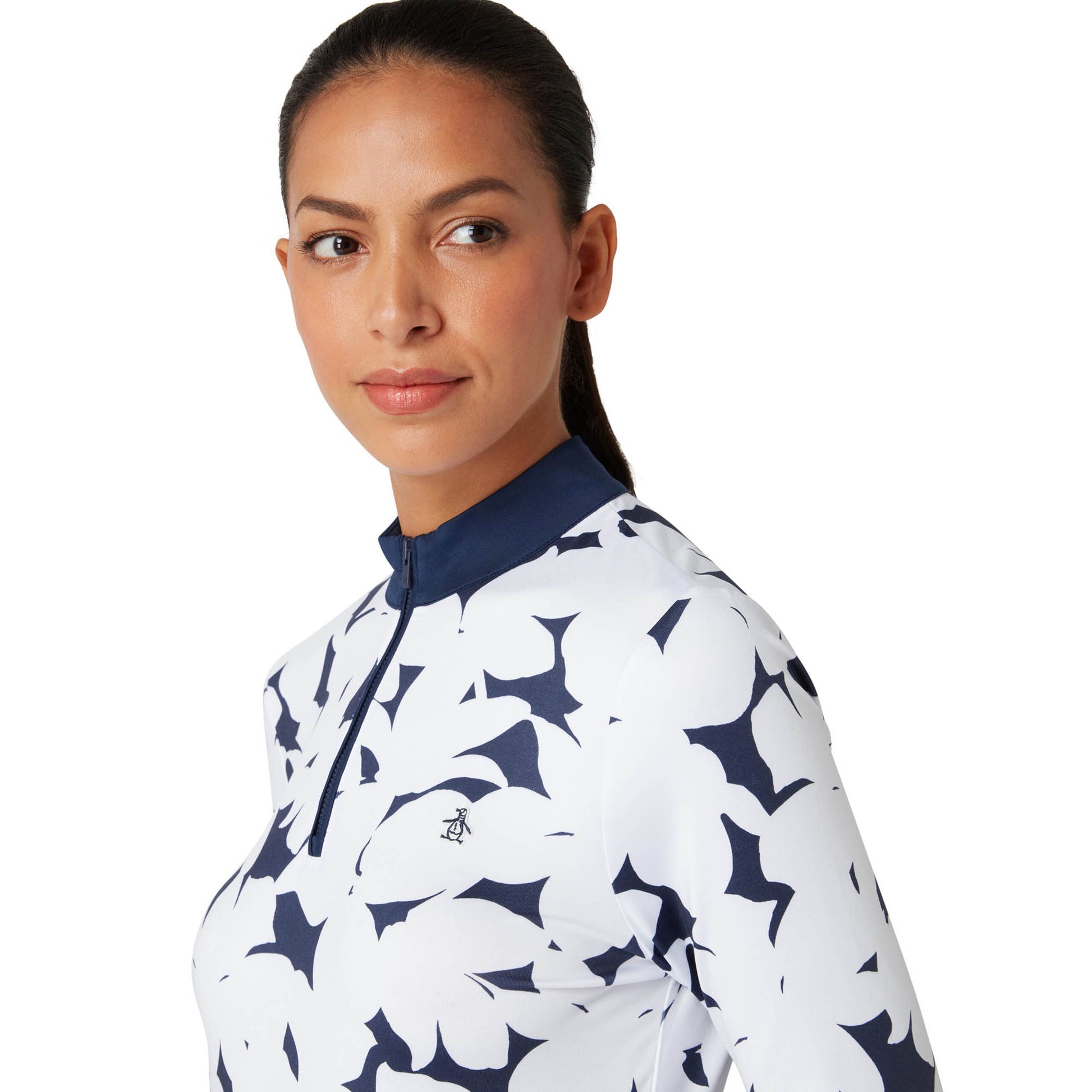 Original Penguin Women's Zip-Neck Top with White & Navy Floral Print