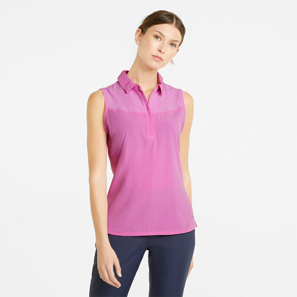 Puma Ladies Sleeveless Mesh Panel Golf Polo in Mauve Pop