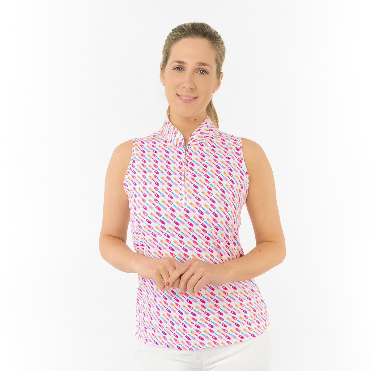 Pure Golf Ladies Sleeveless Polo in Fun Bottle Print – Cheerful Charm Meets Course-Ready Performance