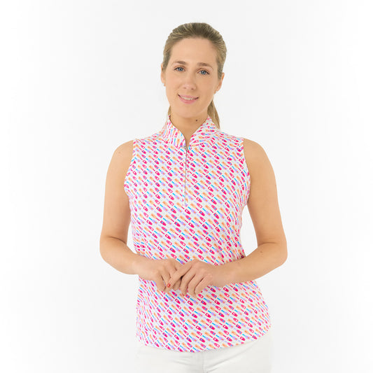 Pure Golf Ladies Sleeveless Polo in Fun Bottle Print – Cheerful Charm Meets Course-Ready Performance