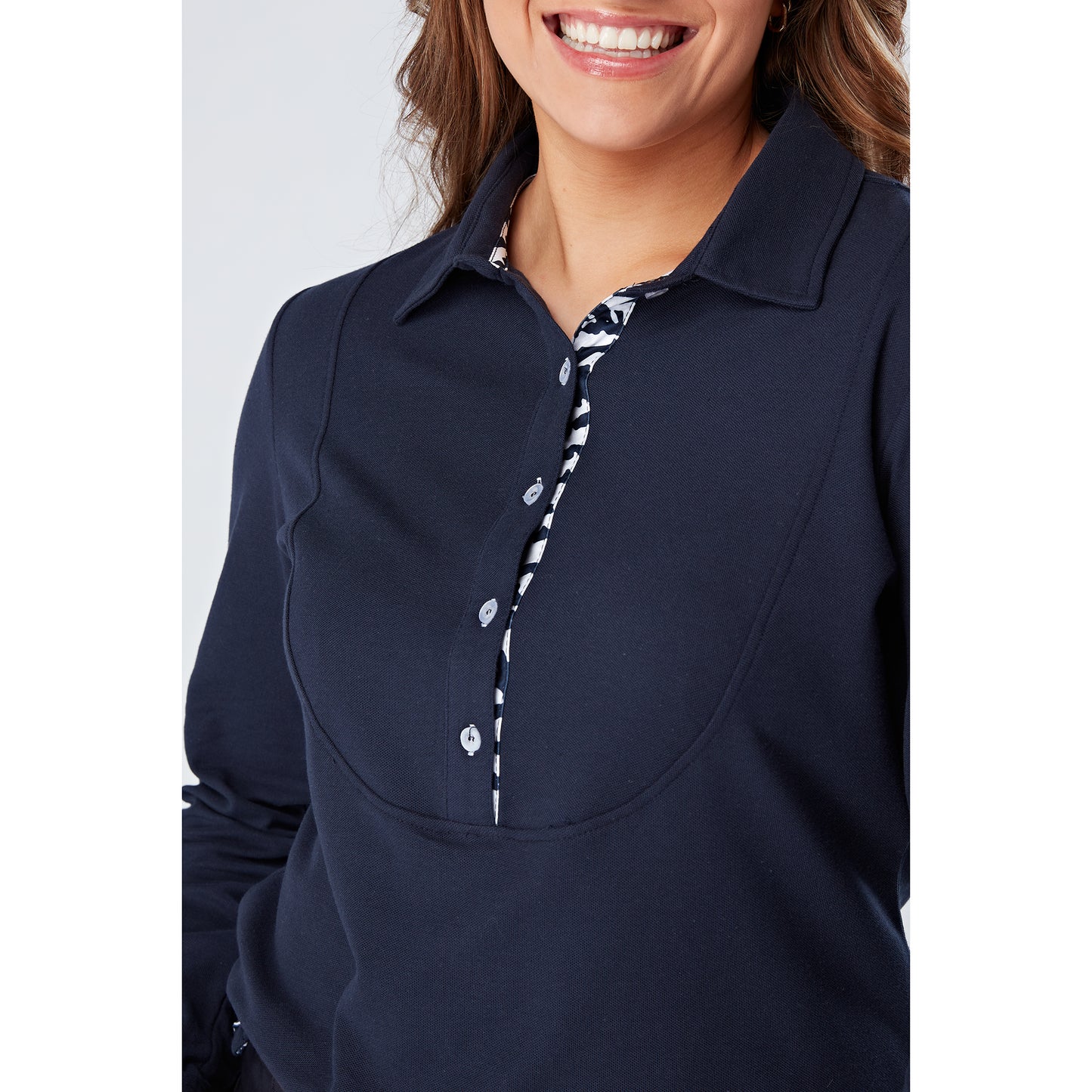 Swing Out Sister Ladies Long Sleeve Polo Shirt with Soft Cotton Finish in Navy Blue